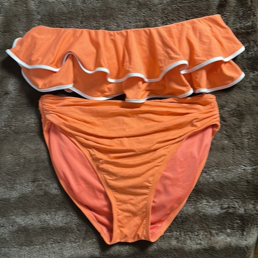 Carmen Marc Valvo Coral-Orange Ruffle Bandeau Bikini with White Trim